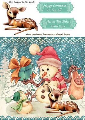 Happy Snowman with Little Deer and Son 8x8
