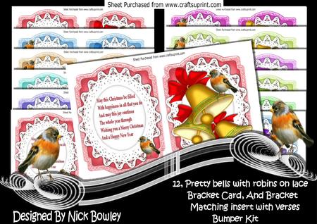 12, Pretty Bells,with Bows, Robins and Lace Bracket Cards
