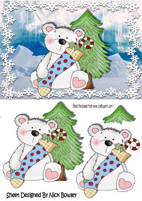 Little White Polar Bear with His Stocking and Tree