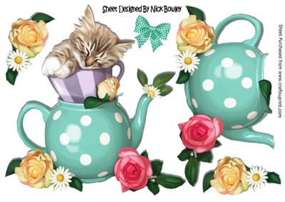 Cute Kitten in Teacup with Bow and Roses A4
