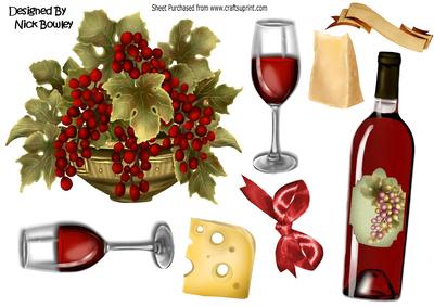 Wine and Grapes with Glasses & Cheese A4