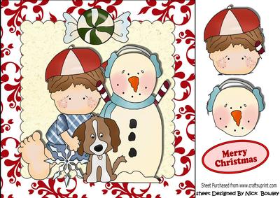 Little Boy with Snowman and His Puppy 8x8