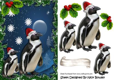 Penguins in the Snow Wearing Santa Hats with Holly