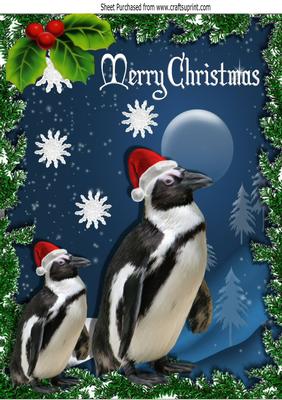 Penguins in the Snow Wearing Santa Hats with Holly A4