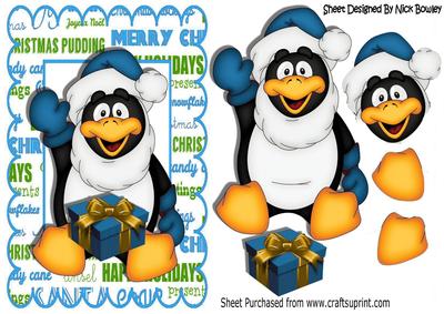 Cute Penguin Waving with Present in Blue Santa Hat