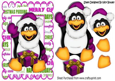Cute Penguin Waving with Present in Pink Santa Hat