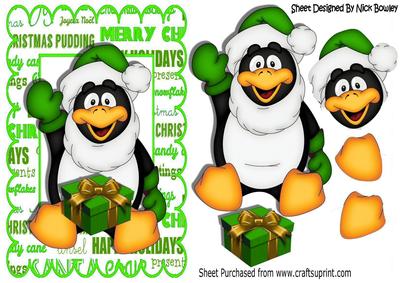 Cute Penguin Waving with Present in Green Santa Hat
