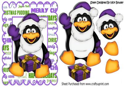 Cute Penguin Waving with Present in Purple Santa Hat
