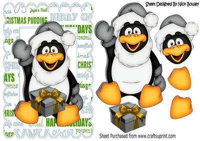 Cute Penguin Waving with Present in Silver Santa Hat