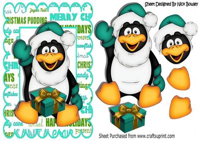 Cute Penguin Waving with Present in Turq Santa Hat