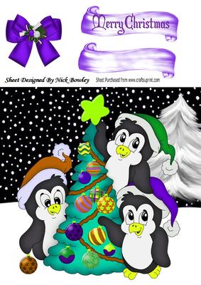 Cute Penguins in the Snow in Coloured Santa Hats, Bow 8x8