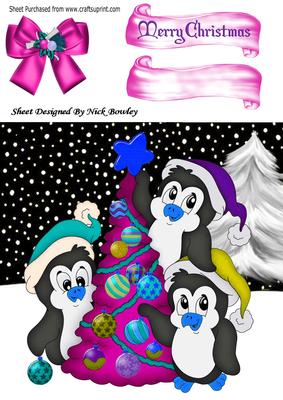 Cute Penguins in the Snow in Coloured Santa Hat Pink Tree