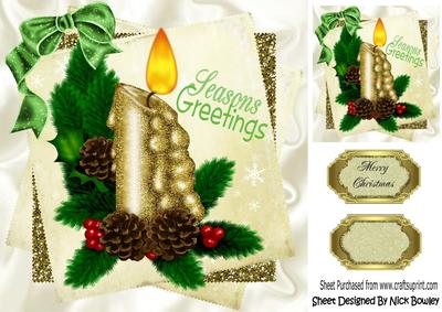 Pretty Christmas Gold Candle with Pine Cone & Holly 8x8
