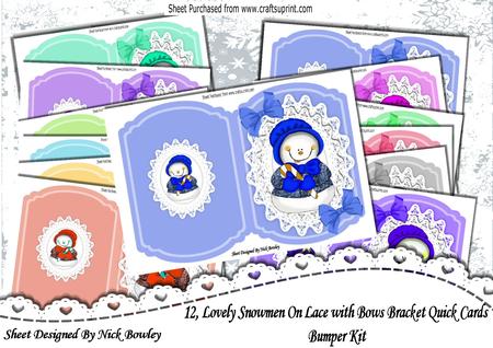 12, Lovely Snowmen on Lace with Bows Bracket Cards Kit