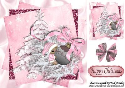 Little Bear with Pink Bauble and Christmas Tree 8x8