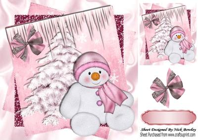 Cute Snowman in Pink with Tree on Glitter Stacks 8x8