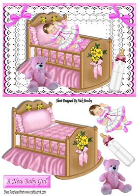 Sleeping Baby Girl in Pink Crib with Lace and Bows