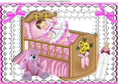 Sleeping Baby Girl in Pink Crib with Lace and Bows A4
