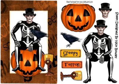 Skelly Man Sitting on Pumpkin with Crow