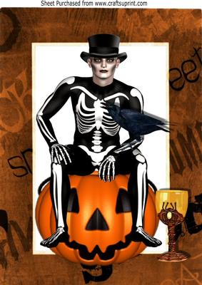 Skelly Man Sitting on Pumpkin with Crow A4