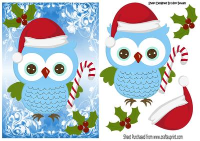 Lovely Festive Owl with Candy Cane and Santa Hat