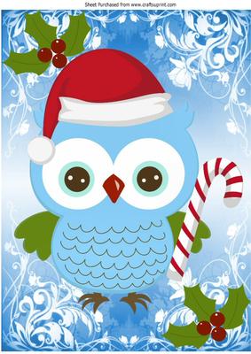 Lovely Festive Owl with Candy Cane and Santa Hat A4