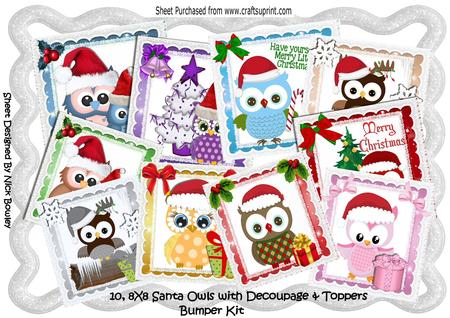 10, 8x8 Christmas Owls in Santa Hats with Toppers Kit