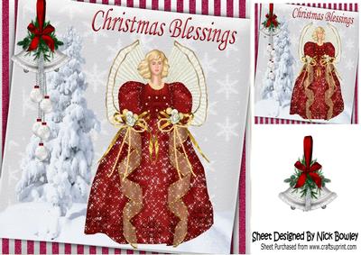 Red Christmas Angel, with Snow Tree 8x8