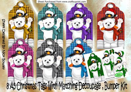 8 Lovely A5 Christmas Tags of Polar Bear and Penguin, Kit