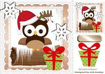 Christmas Owl Sitting on a Log in Santa Hat 8x8