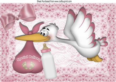 Special Delivery Stork with Baby Girl & Bottle A4