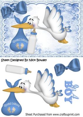 Special Delivery Stork with Baby Boy & Bottle