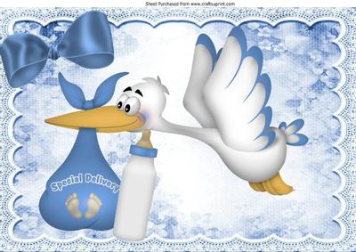 Special Delivery Stork with Baby Boy & Bottle A4