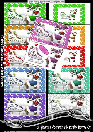 8 A5 Cards, & 8 A5 Inserts of Rudey and a Sleigh Kit