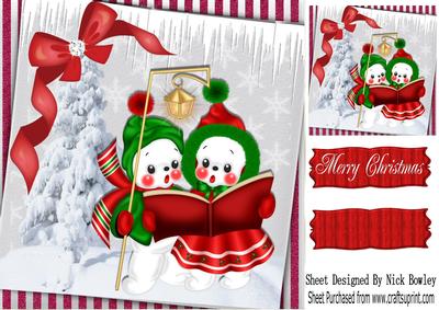 Snowman Couple Carol Singing in the Snow 8x8