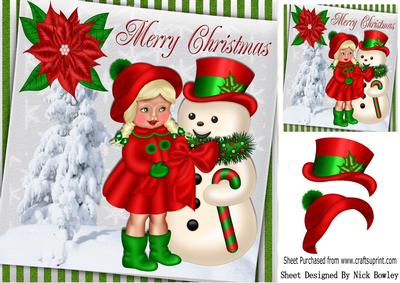 Little Girl in Red Coat with Snowman & Poinsettia 8x8