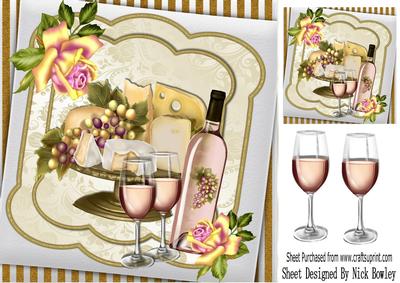 Cheese and Wine with Pink Wine and Roses 8x8