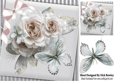 Pink Blush Roses with Ornate Grey Butterflies 8x8