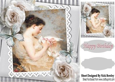 Pretty Vintage Lady Holding a Dove with Blush Roses 8x8