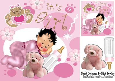 Baby Girl Sleeping with Her Cuddly Toy and Bottle 8x8