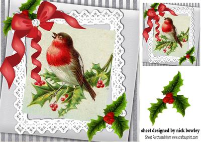 Pretty Red Robin with Lace and Holly 8x8