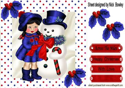 Little Girl in Her Blue Coat with Snowman 8x8