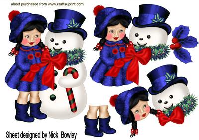 Little Girl in Her Blue Coat with Snowman A4