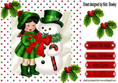 Little Girl in Her Green Coat with Snowman 8x8