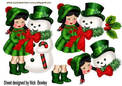 Little Girl in Her Green Coat with Snowman A4