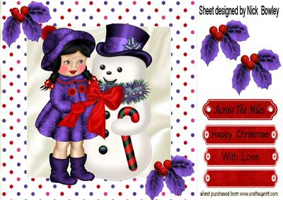 Little Girl in Her Purple Coat with Snowman 8x8
