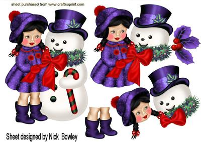 Little Girl in Her Purple Coat with Snowman A4