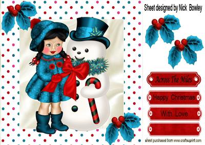 Little Girl in Her Turq Coat with Snowman 8x8