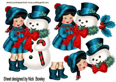 Little Girl in Her Turq Coat with Snowman A4