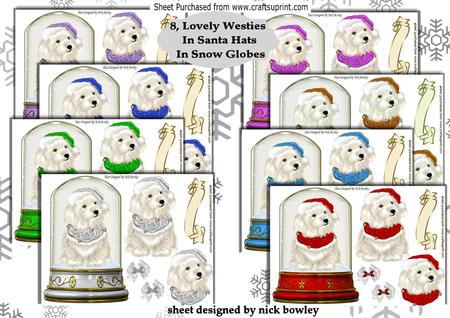 8, Lovely Westies in Santa Hats in Snow Globes Kit